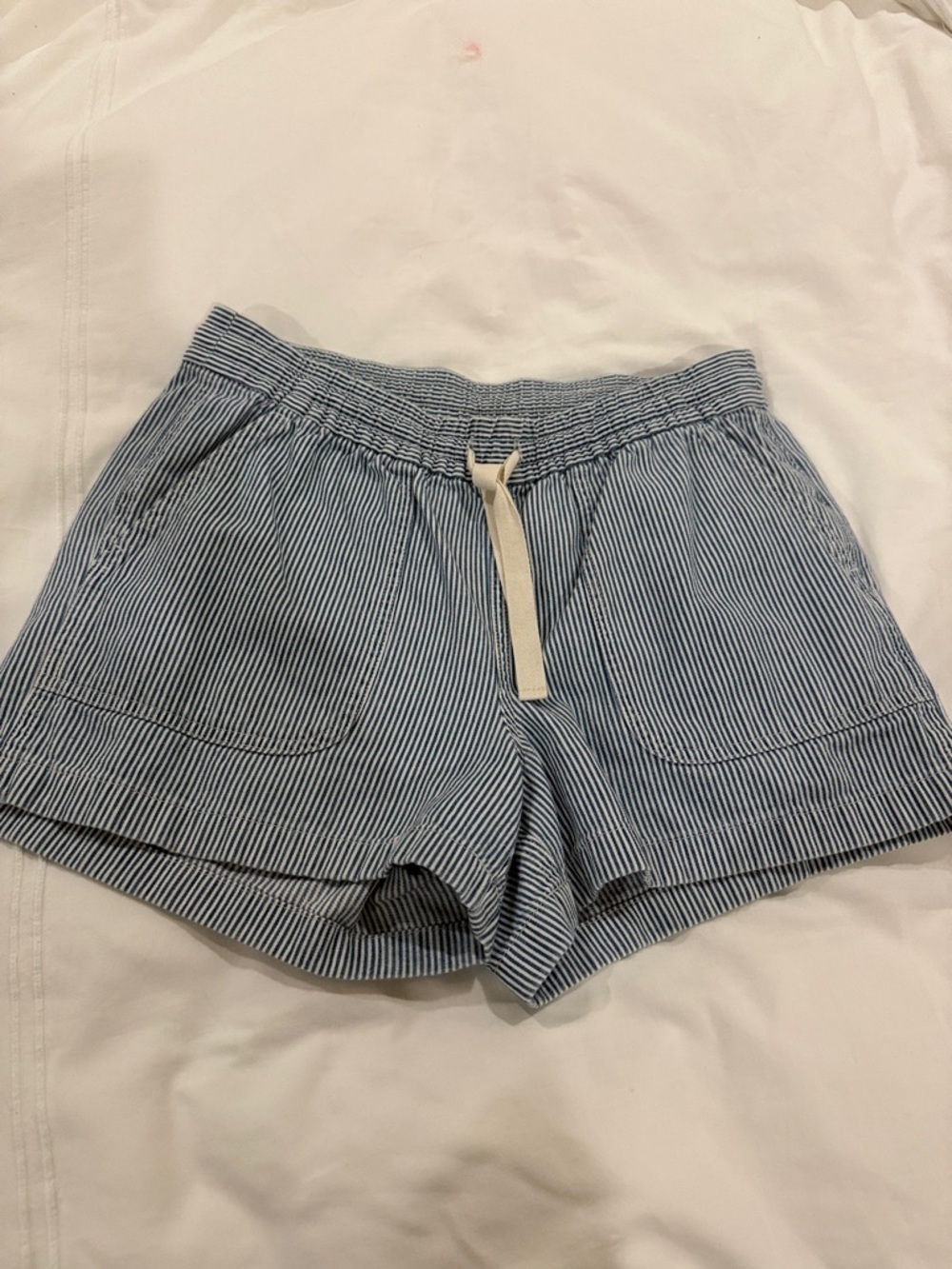 J. Crew Blue and White Pinstripe High-Waist Drawstring Shorts